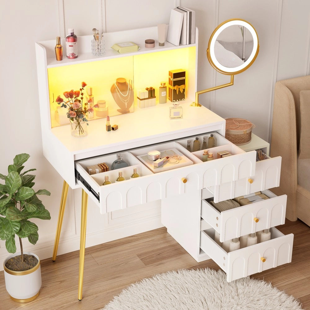 Tavolo Trucco con Specchio LED Girevole e Ante Scorrevoli in Vetro ¨C Xylo ¨C Bianco, 4 Cassetti, 112x40x116 cm