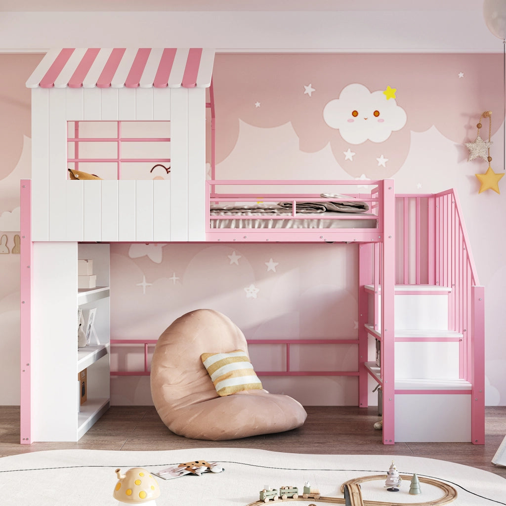 Letto in ferro 90×200 cm rosa design della casa corrimano alto mensole scala montabile su entrambi i lati