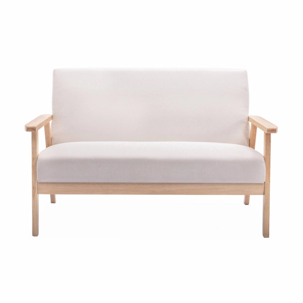 Divano stile scandinavo in legno e tessuto, 2 posti, beige