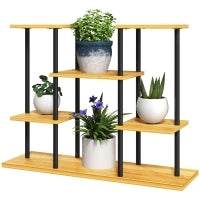 Supporto Piante Interno Mensola Piante a 6 Livelli, Telaio in Acciaio, Base in Legno Massiccio, 80 x 24 x 61,5 cm, Legno Naturale