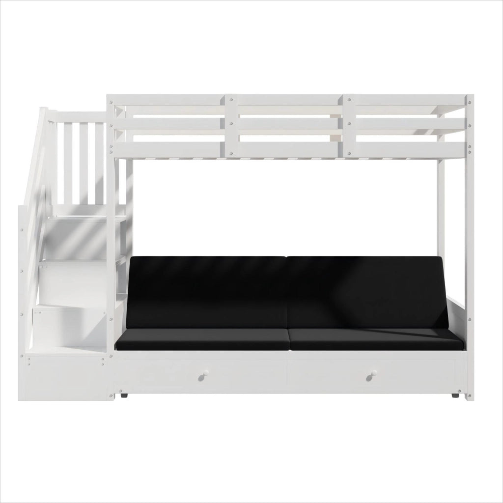Letto a Castello 90x200 cm con Divano; Armadio Scala; 2 Cassetti in Legno Bianco