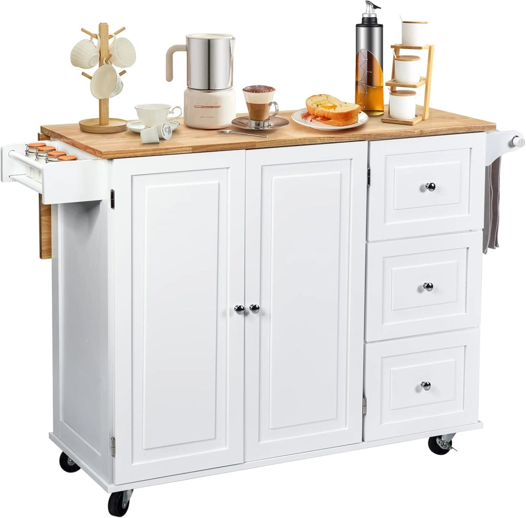 Carrello da Cucina, Credenza Mobile Salvaspazio, Ruote con 2 Freni, Piano Pieghevole, 2 Ripiani Regolabili, 3 Cassetti, 2 Ante, Portaspezie e Portasciugamano, 111x76x91 cm, Bianco