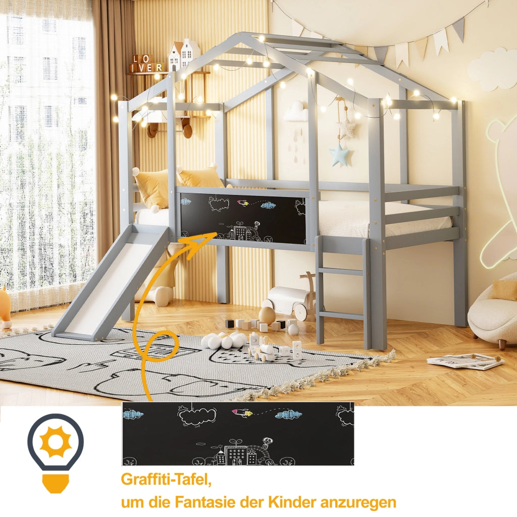 LETTO a soppalco per bambini 90 x 200 cm grigio in legno con scivolo e lavagna