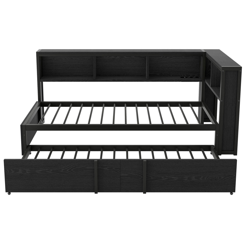 Letto da giorno 90x200 cm con letto estraibile; 5 vani contenitore; LED e USB; metallo e MDF nero