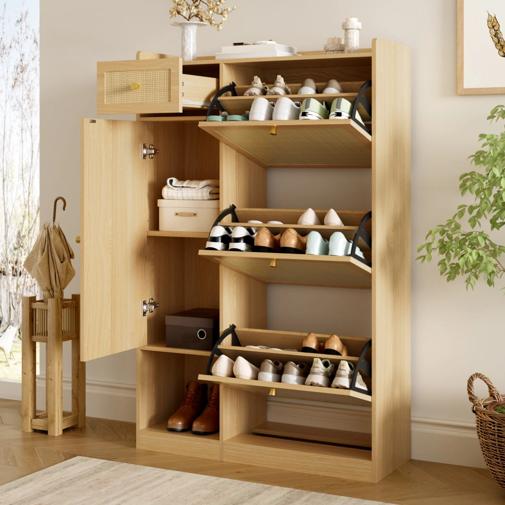Scarpiera slim in stile rattan con 3 ante ribaltabili, cassetto e vano laterale, 80,5 ¡Á 25 ¡Á 125 cm, colore naturale