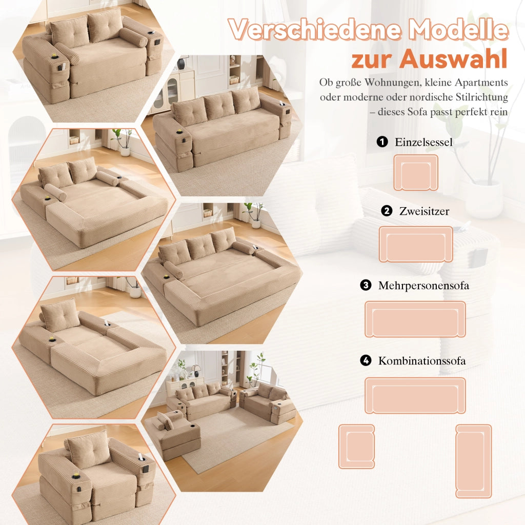 Divano letto modulare in corduroy kaki con tasche laterali portabicchieri cuscini memory foam e base antiscivolo