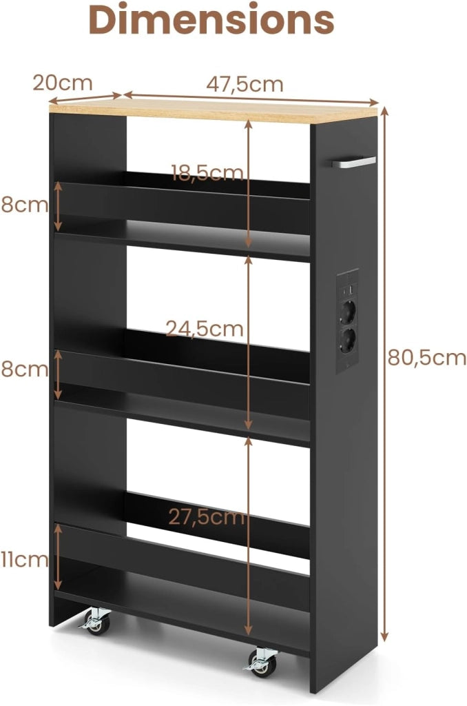 Carrello Portaoggetti a 4 Ripiani con Ruote Rirevoli a 360°, Carrellino Scorrevole con Maniglia Slim, da Bagno, Cucina, Lavanderia, 47,5 x 20 x 80,5 cm (Nero e Naturale, Con Presa)