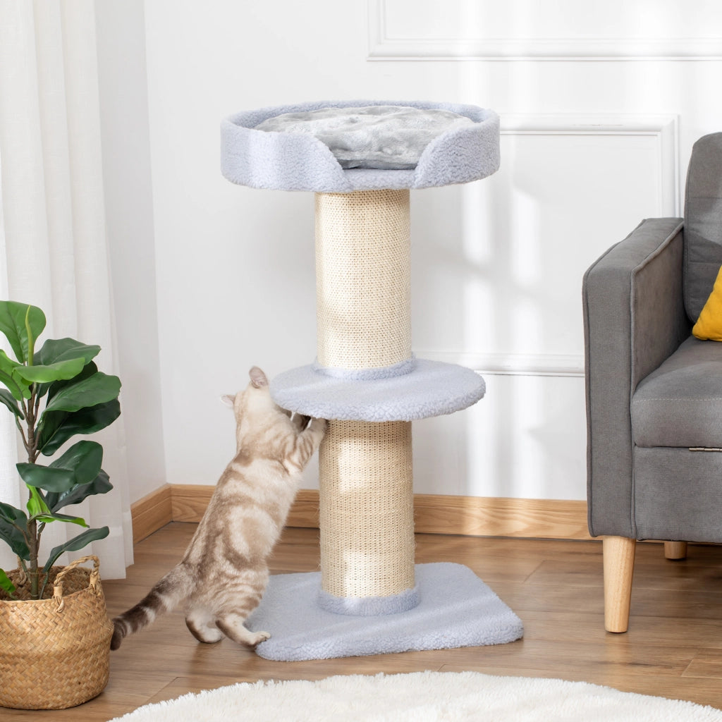 Tiragraffi per Gatti con Lettino, Rivestimento Peluche e Palo in Sisal, 45x45x91cm, Azzurro