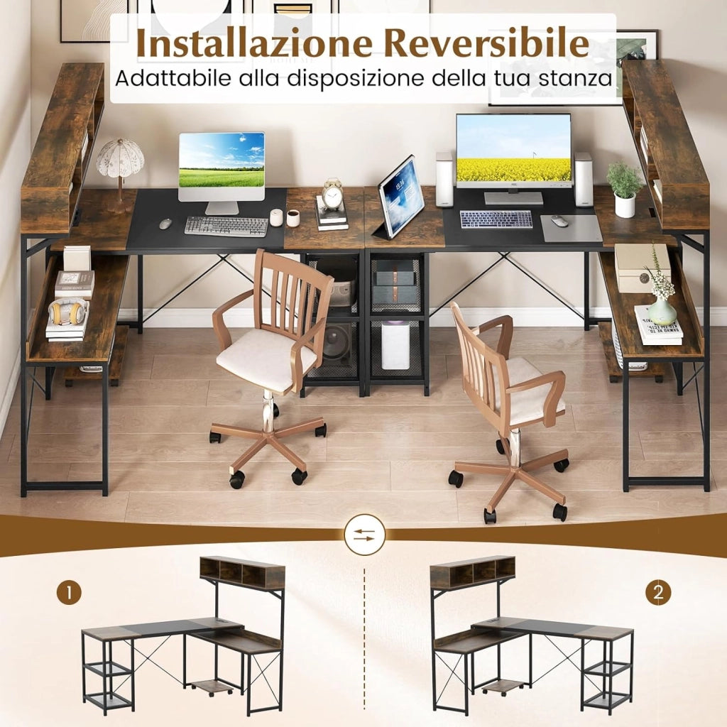 Scrivania Angolare con Stazione di Ricarica, Scrivania ad Angolo Salvaspazio con Scomparti, Ripiani e Supporto CPU Mobile, Postazione di Lavoro Gaming Reversibile per Casa e Ufficio