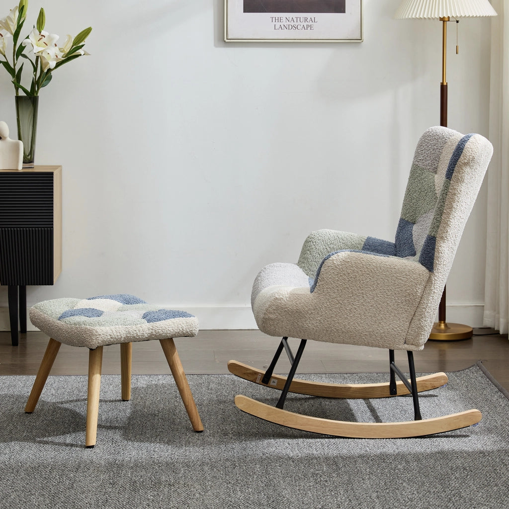 Poltrona a Dondolo con Pouf 122x68x91 cm Beige e Blu Pied-de-Poule; Portata 110 kg