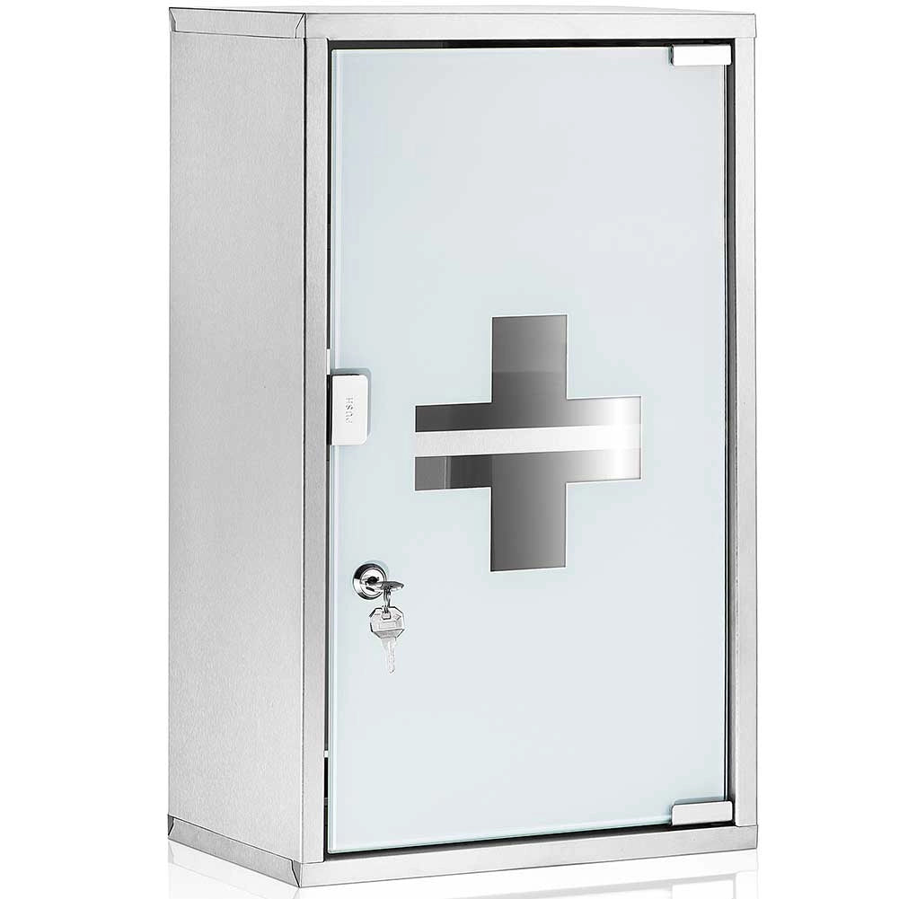 Armadietto Porta Medicinali Acciaio Inox e Vetro Satinato 49x25x12 cm con Chiave