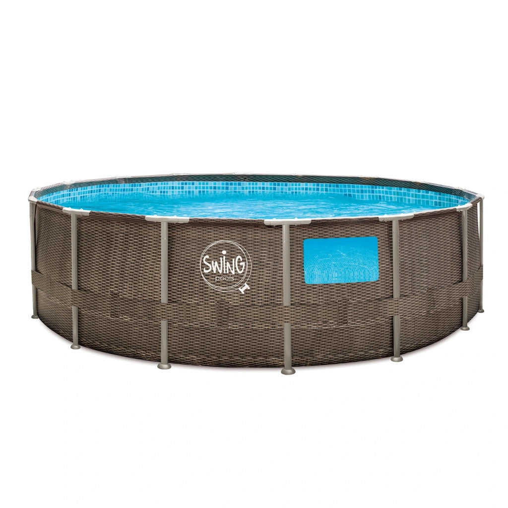 ELITE - PISCINA CON TELAIO IN VIMINI - 4,57 x 1,22 m, design in vimini (doppio rattan) con finestre, con pompa filtro 12 V - 3,8 m3, gradini di sicurezza pieghevoli, kit di manutenzione deluxe, copertura e telo di fondo