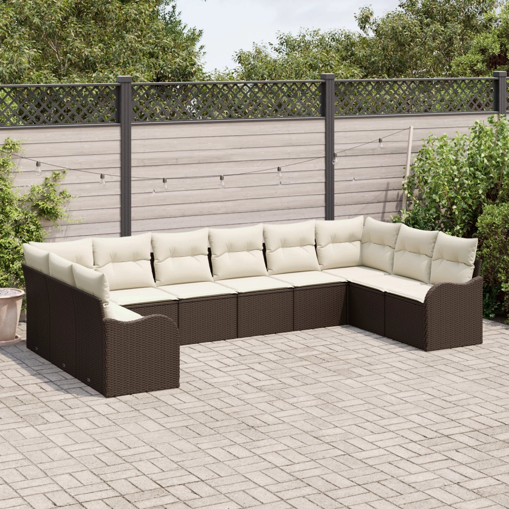 Set di Divano da Giardino a 10 Pezzi con Cuscini Rattan Poly Marrone