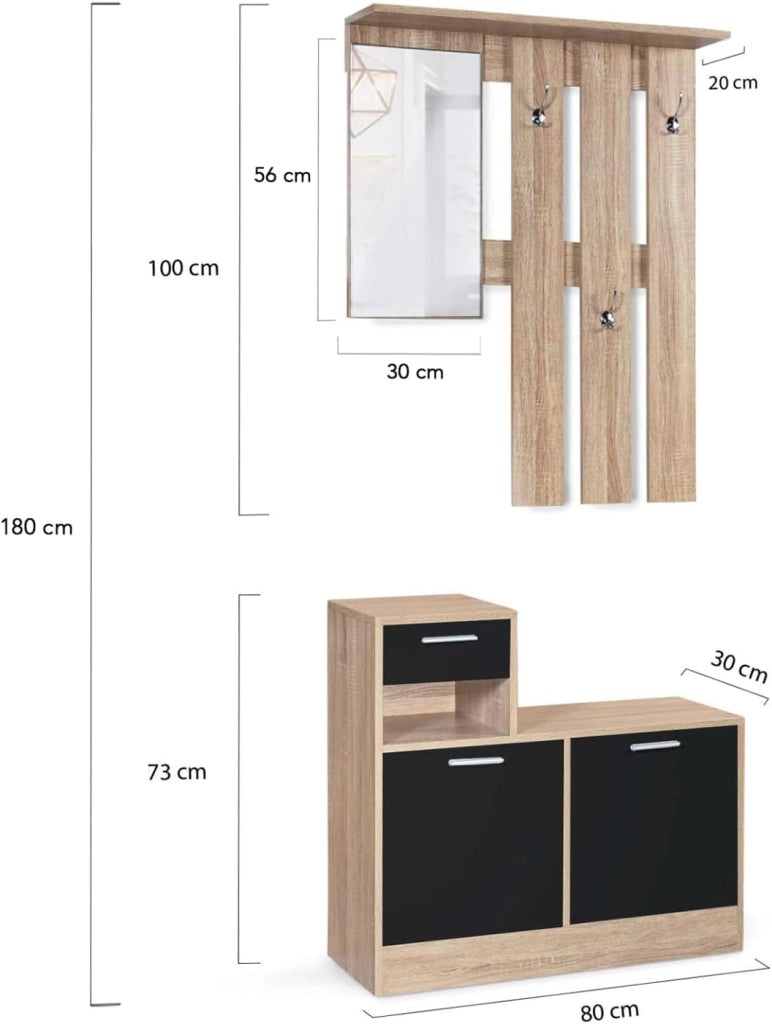 Mobile da ingresso, appendiabiti con specchio, design in legno faggio e ante nero PAULIN