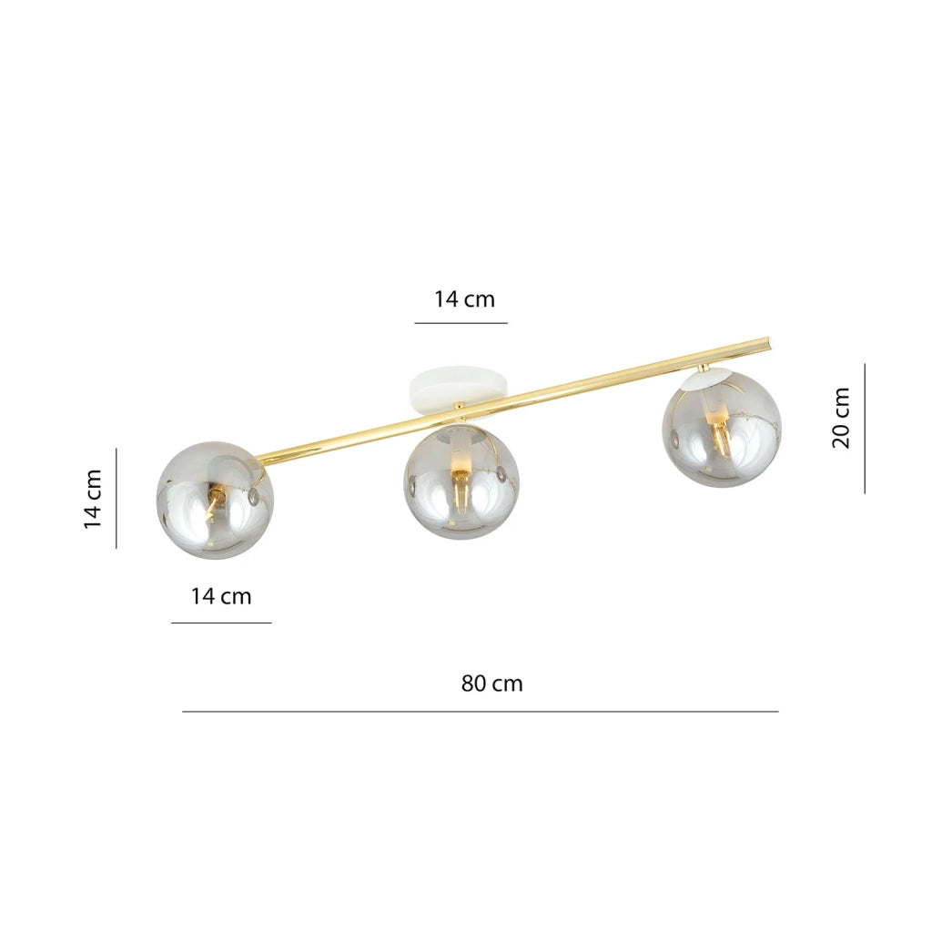 Plafoniera Contemporanea 3 Luci Eracle In Acciaio Oro/Bianco E Sfere Vetro Fumè