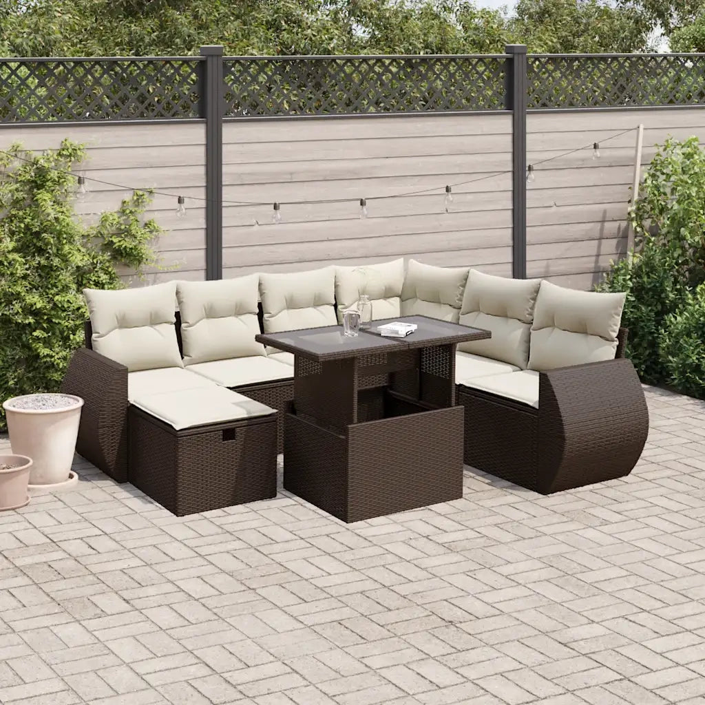 Set Divani da Giardino 8 pz con Cuscini Marrone in Polyrattan