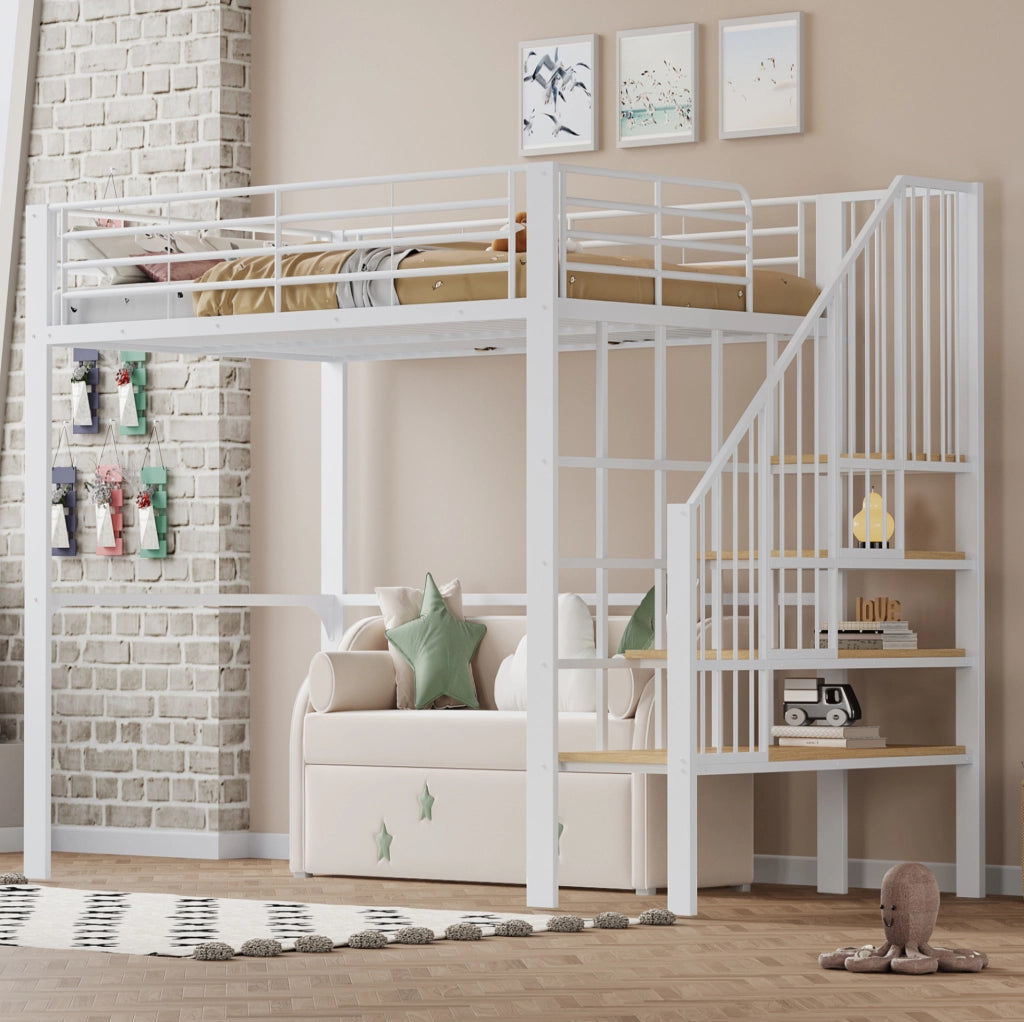 Letto a soppalco 140 x 200 cm bianco con scala e vano inferiore