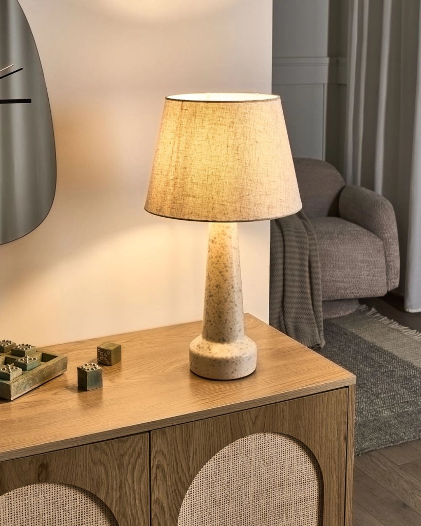 Lampada da tavolo Base in ceramica beige chiaro Paralume in lino Macchie blu Stile moderno Soggiorno Camera da letto