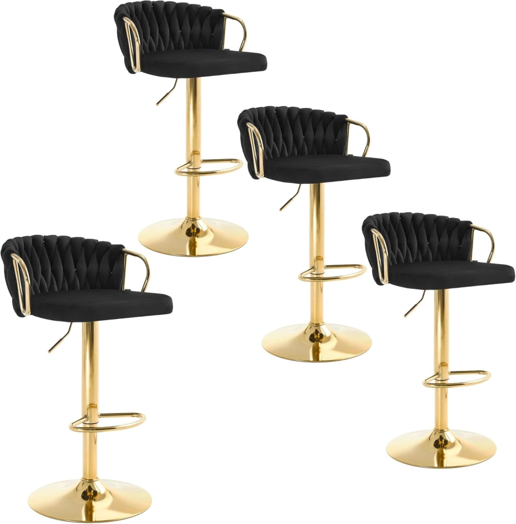 Set di 4 Sgabelli da Cucina Regolabili in Altezza, Sgabelli da Bar in Velluto, Sgabelli Girevoli a 360°, con Base in Metallo e Poggiapiedi, Nero BH426sz-4
