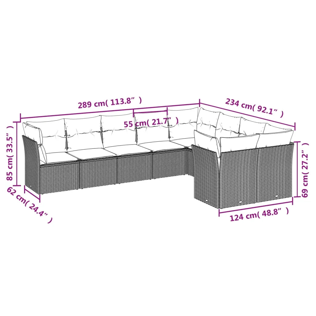 Set Divani da Giardino 9 pz con Cuscini Nero in Polyrattan 3250004