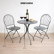 SET DA GIARDINO CON 2 SEDIE E 1 TAVOLO IN METALLO COLORE GRIGIO