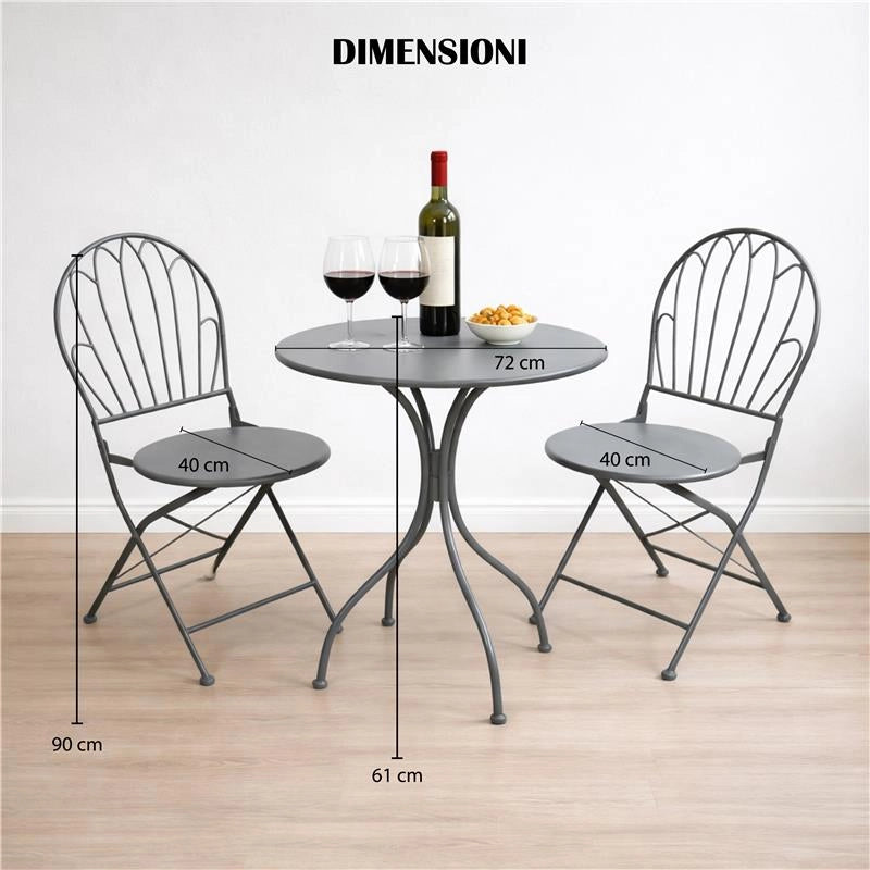 SET DA GIARDINO CON 2 SEDIE E 1 TAVOLO IN METALLO COLORE GRIGIO