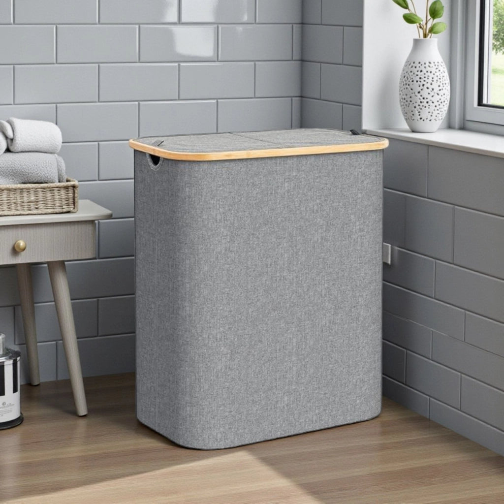 Cesto Portabiancheria Pieghevole 54x33x53cm Grigio Bambù con Coperchio 87742