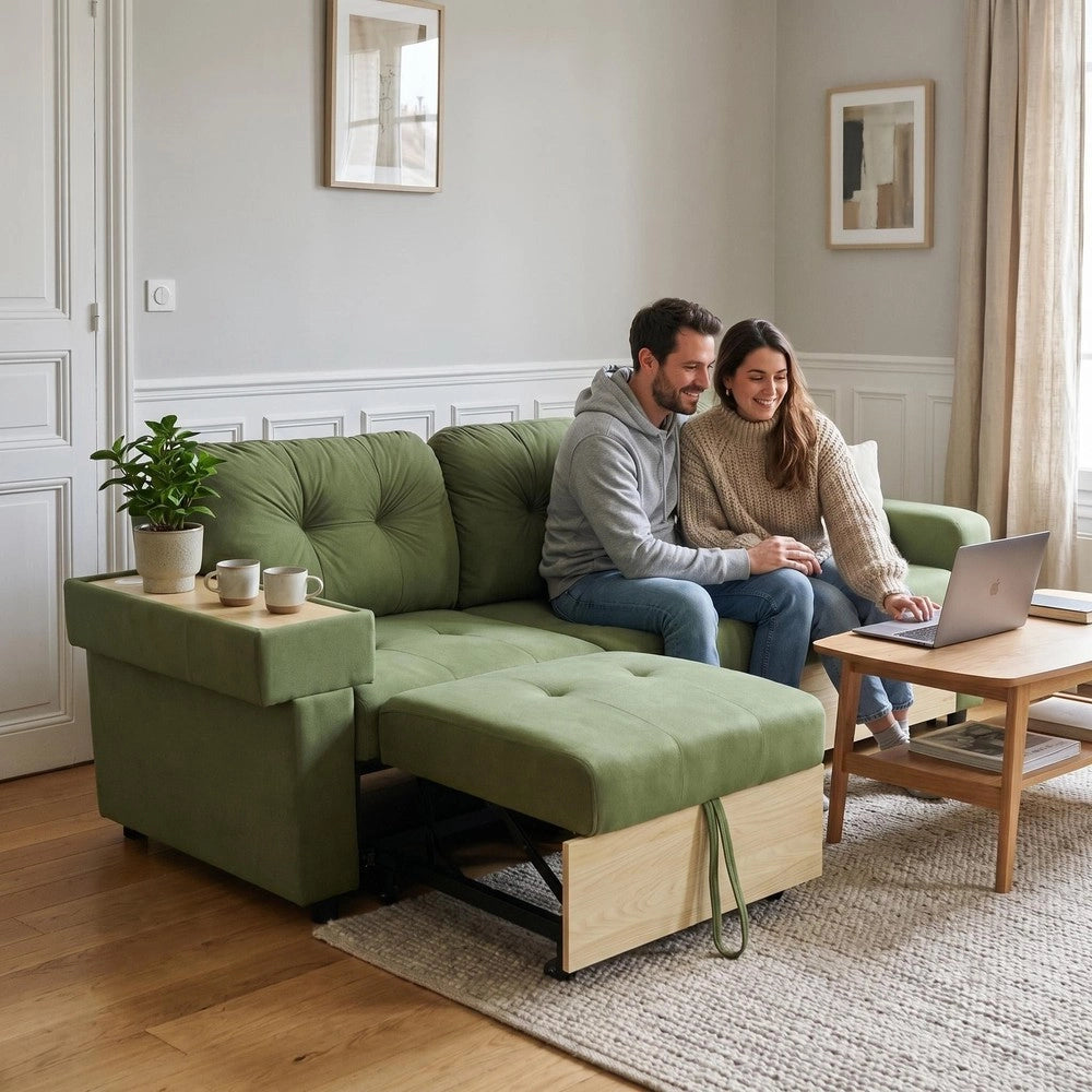 Divano Angolare 3 Posti con Penisola Estraibile ¨C MINIMAL ¨C Velluto Verde, Contenitore, Braccioli in Legno