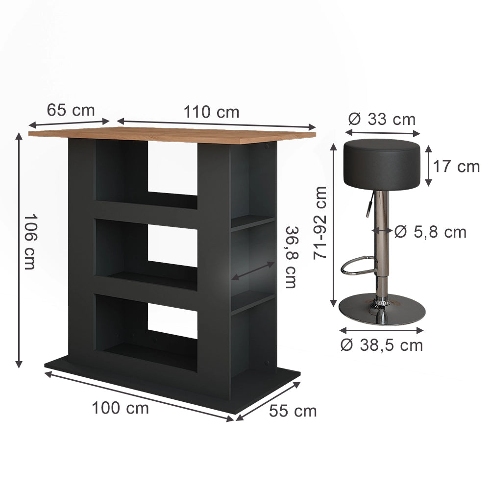 Vicco tavolo bar con sgabelli Quercia dorata/antracite 110 x 65 cm con 2 sgabelli da bar