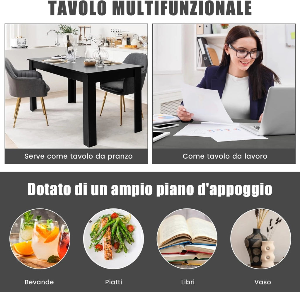 Tavolo da Pranzo 160 x 80 x 76 cm, Rettangolare con Piano Grande e Gambe Robuste per Massimo 8 Persone (Nero)