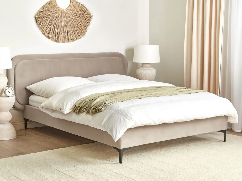Letto matrimoniale EU Beige Velvet 140 x 200 cm Imbottito Telaio Poggiatesta