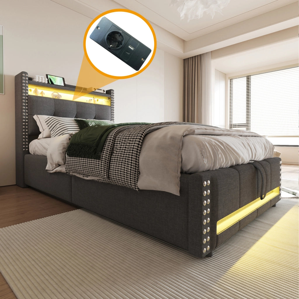 Letto imbottito per bambini 90x200 cm con LED, USB e contenitore idraulico grigio