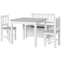 Set Tavolo per Bambini con 2 Sedie e Cassapanca in Legno per Cameretta, Bianco e Grigio