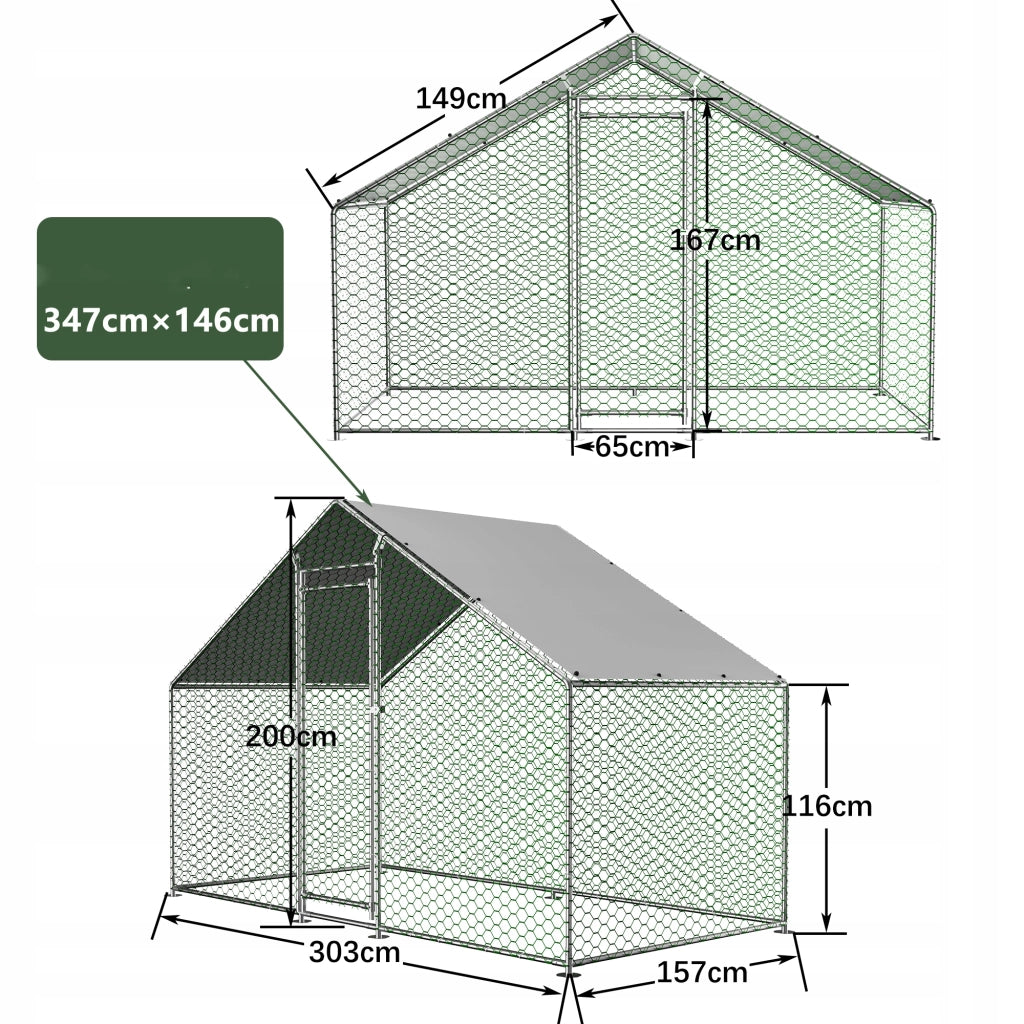 Recinto per Polli in Metallo 3×1;5×2 m con Tetto PE Impermeabile; Porta con Serratura e Area Esterna per Animali