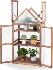 Mini Serra da Giardino in Legno a 3 Livelli, Serra da Giardino con Coperchio Apribile, Ripiani Rimovibili, Serra a Forma di Casetta da Interno ed Esterno, 71 x 41 x 133 cm