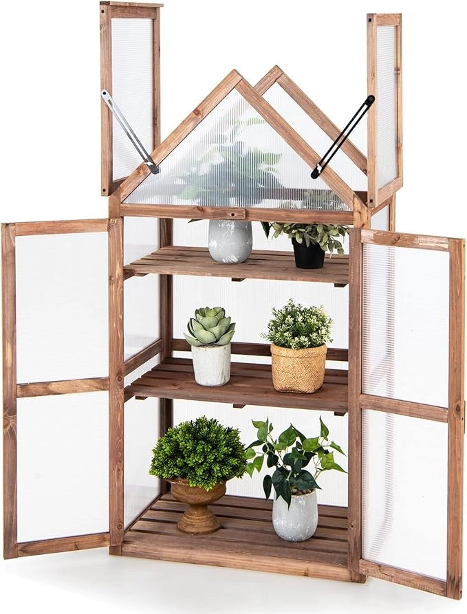 Mini Serra da Giardino in Legno a 3 Livelli, Serra da Giardino con Coperchio Apribile, Ripiani Rimovibili, Serra a Forma di Casetta da Interno ed Esterno, 71 x 41 x 133 cm