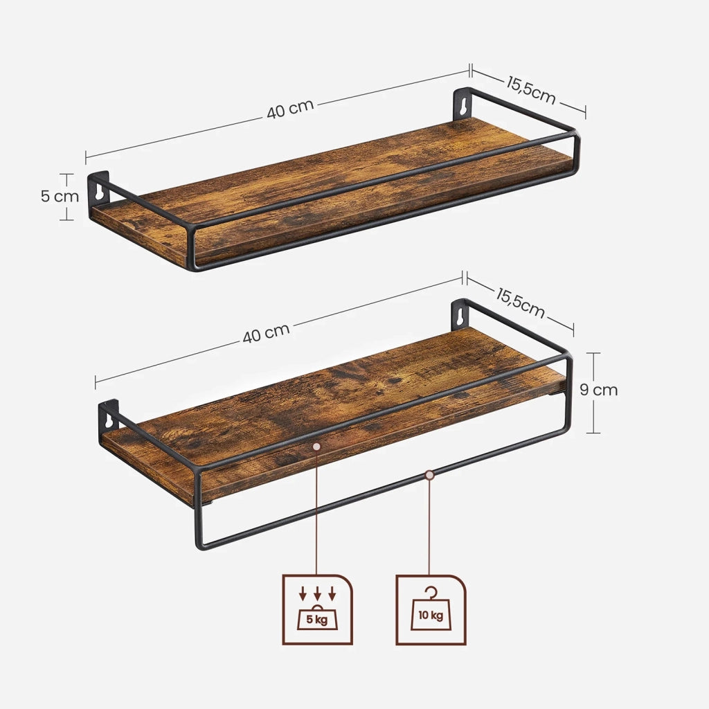 Set di 2 mensole da parete mensole sospese con asta appendiabiti contenitore galleggiante per cucina camera da letto soggiorno marrone rustico e nero 12_0006221
