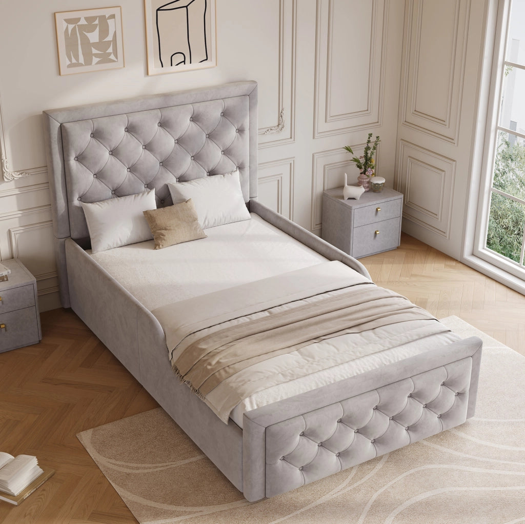 Letto singolo imbottito per bambini 90x200 cm in velluto grigio con contenitore e rete a doghe