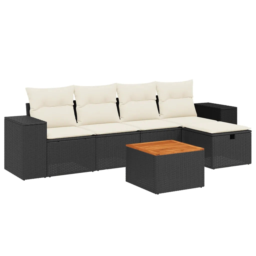 Set Divano da Giardino 6 pz con Cuscini Nero in Polyrattan