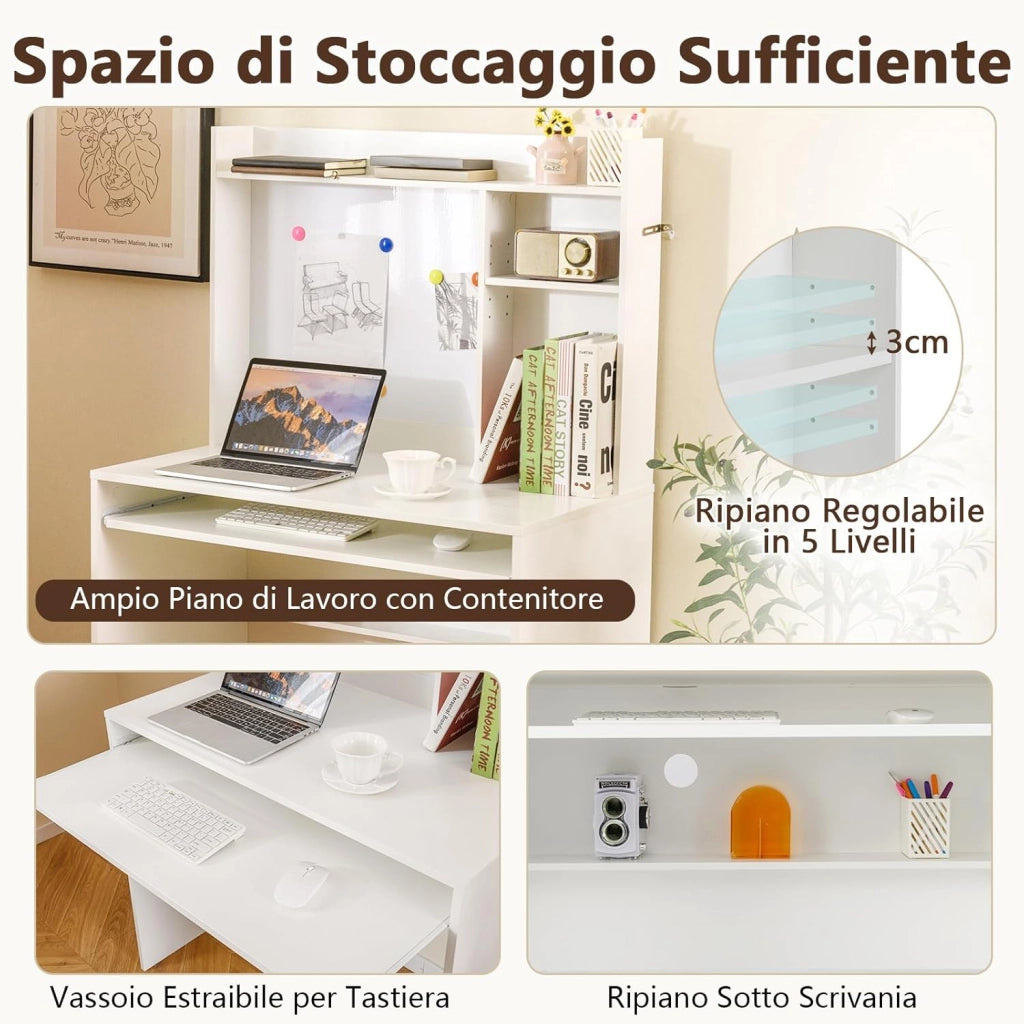 Scrivania per Computer Bianca, Scrivania con Lavagna Magnetica, Ripiani Regolabili e Vassoio per Tastiera, Scrivania Salvasapzio per Ufficio e Casa, 89 x 50 x 138 cm (Bianco)