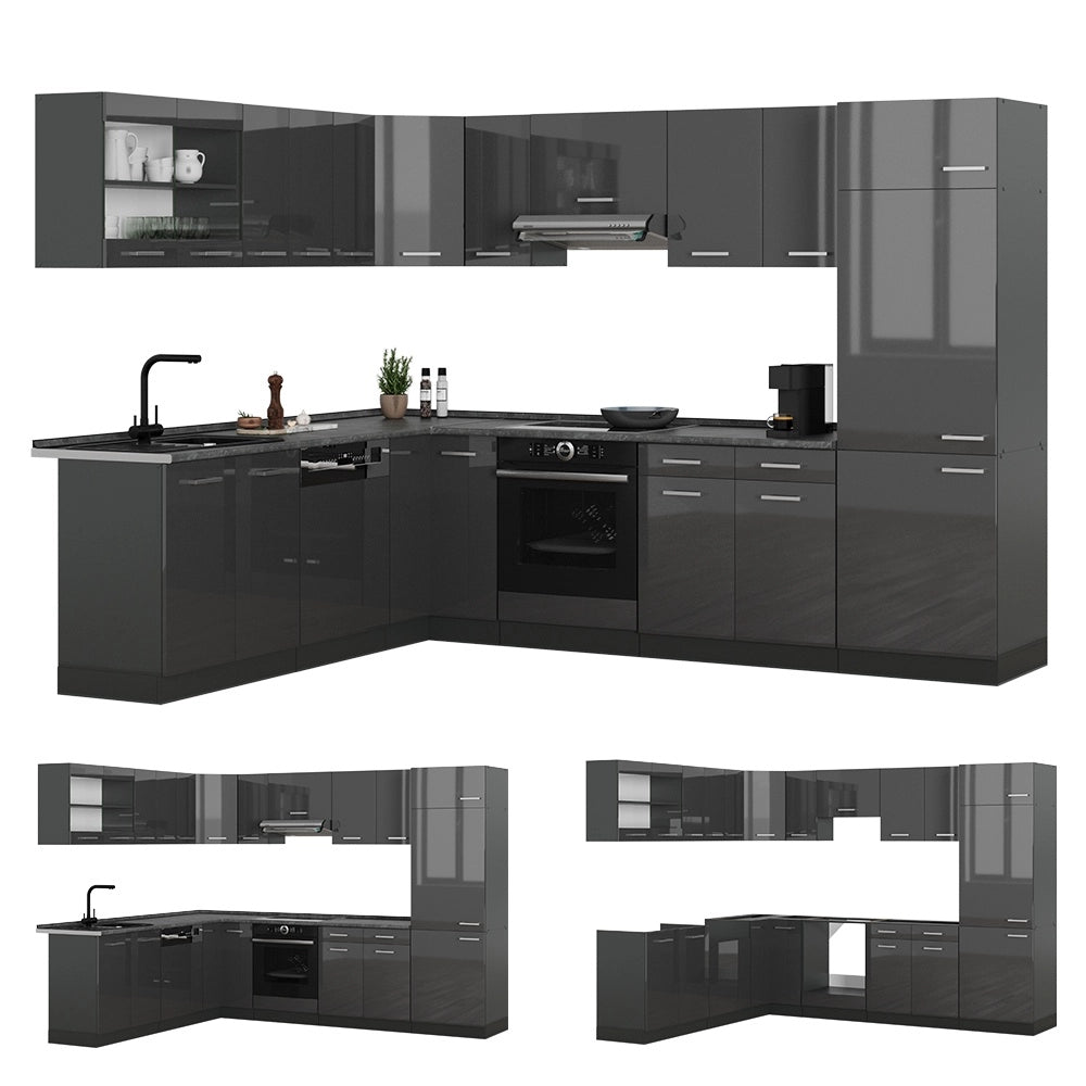 Cucina angolare completa R-Line Antracite lucido/Antracite 287 x 227 cm, PL Marmo Vicco