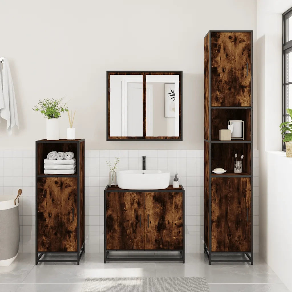 Set Mobili da Bagno 3 pz Rovere Fumo in Legno Multistrato