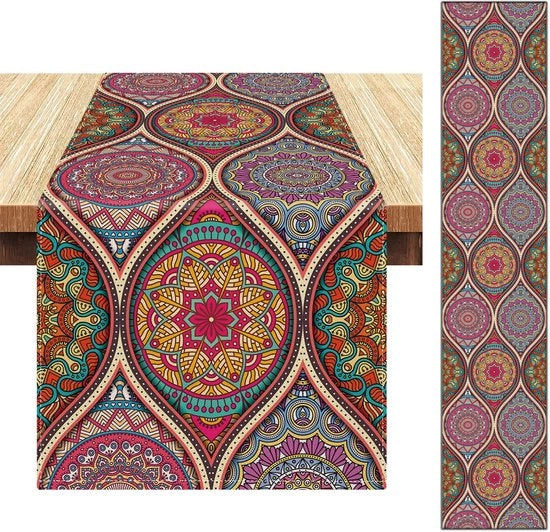 Telaio per tavolo Boho - Decorazione in lino - Tavolo rivestito - Disegno vivace - 40 x 140 cm - Rosso Viola