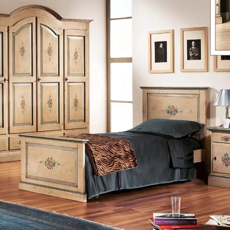 Letto  dritto singolo avorio antico filo azzurro in legno 103x209x110 (1431) - Mobili 2G