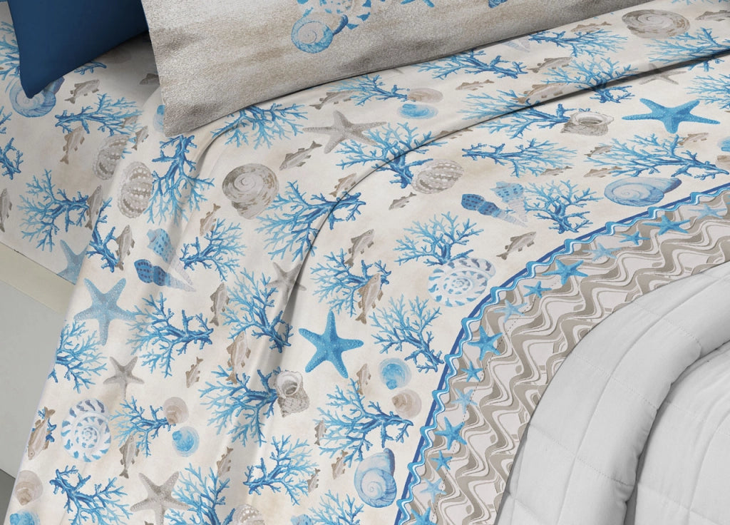 Completo Lenzuola Letto Pensieri Delicati 100% Cotone Dis. Marina New - Piazza E Mezza - Azzurro