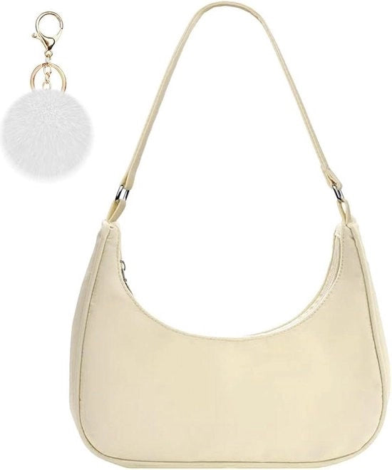 Borsa a tracolla in nylon Y2K per donna - Mini borsa con applicazione pompon e chiusura a zip - Bianca - Ideale come regalo per Natale, compleanno e anniversario - 27*23*7 cm