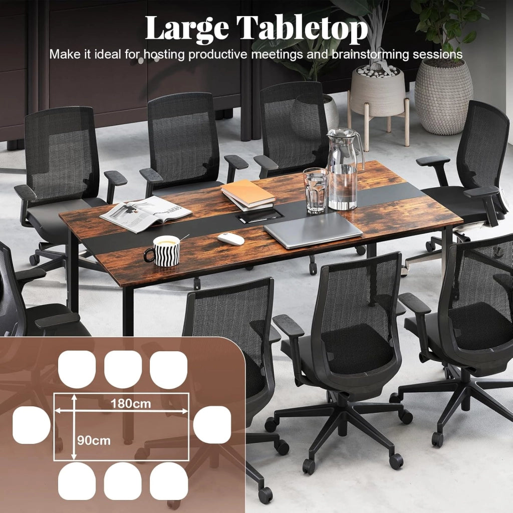 Tavolo da conferenza, 180 x 90 cm, con foro cavo, gambe in metallo, extra lungo, per sala riunioni, sala riunioni, marrone rustico, per 8-10 persone