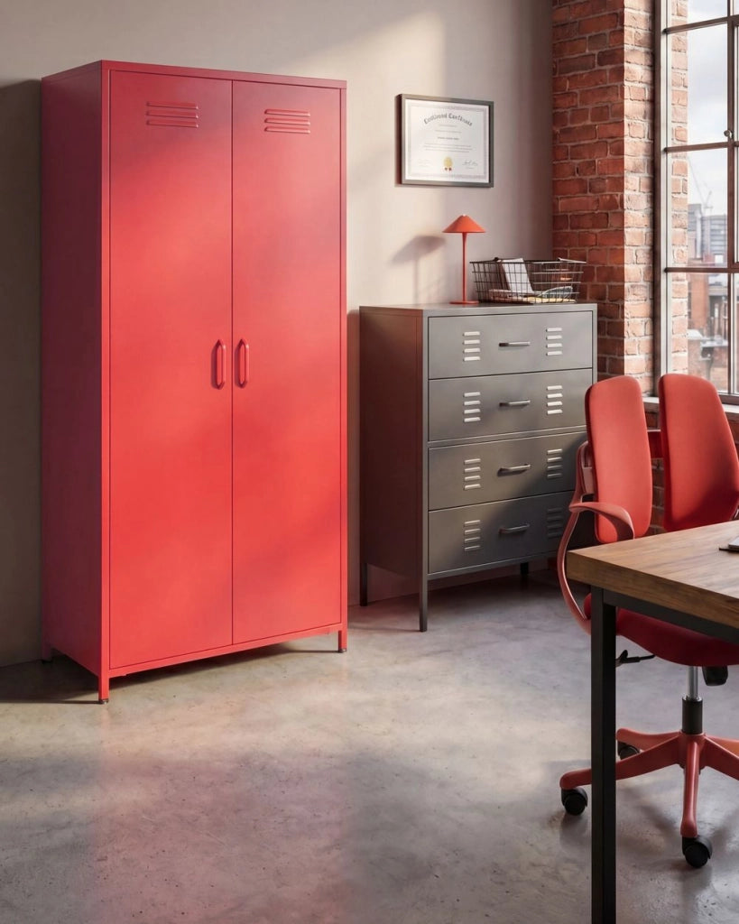 Armadio Portaoggetti Home Office Acciaio Rosso 2 Ante 4 Ripiani Design Industriale