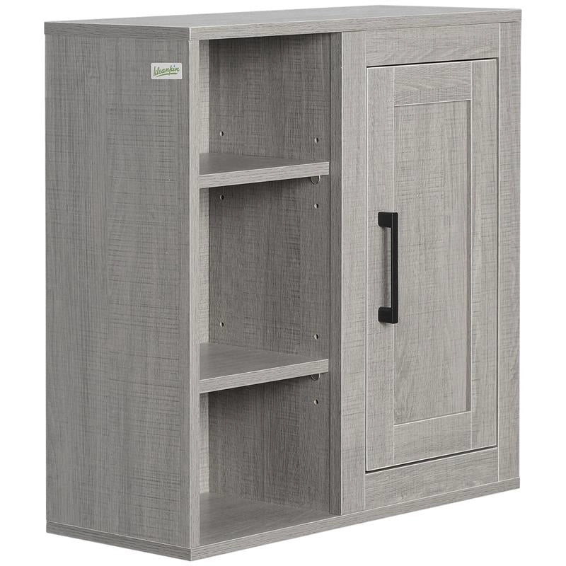 PENSILE BAGNO CON 3 RIPIANI APERTI E ARMADIETTO IN LEGNO TRUCIOLARE, 48X20X50CM, GRIGIO