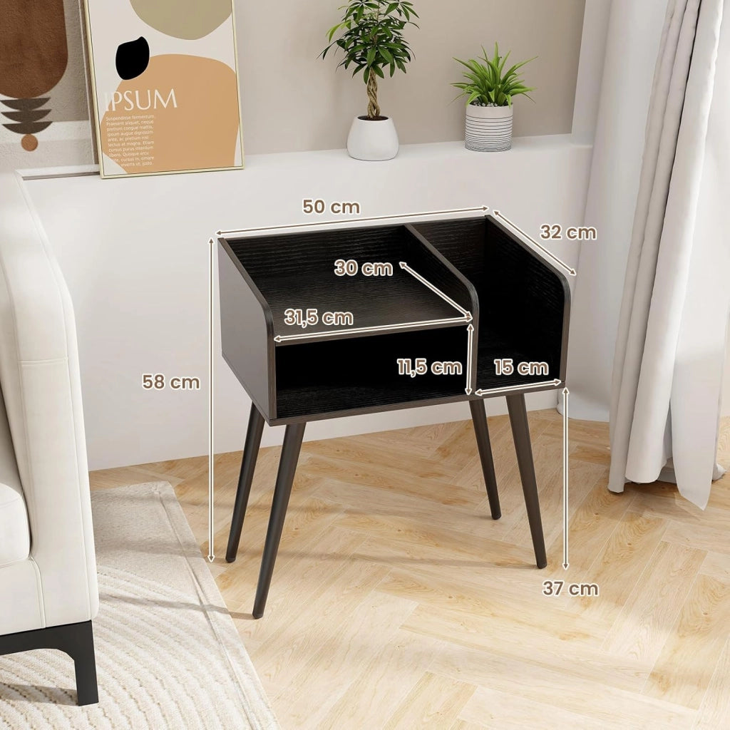 Comodino 50 x 32 x 58cm, Tavolino Moderno con Mensole Aperte, Gambe in Metallo e Poggiapiedi Regolabili, Comò Ideale per Soggiorno e Camera da Letto (Nero,1)